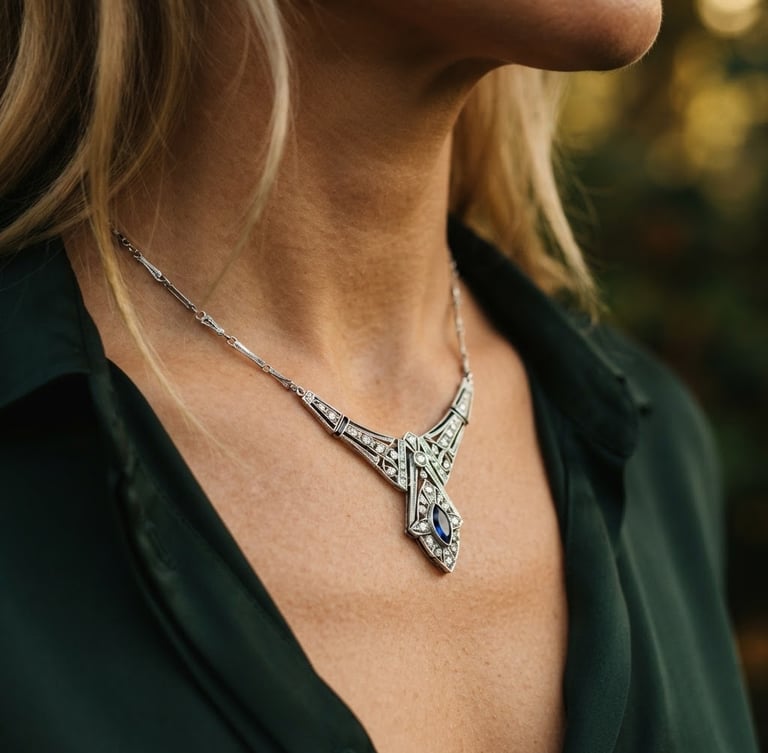 Close-up of a sterling silver Art Deco necklace resting on a woman's collarbone, soft fog-filtered morning light, macro photography, shallow depth of field, warm editorial tone