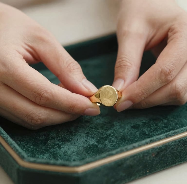 Macro photograph of hands holding a tarnished gold signet ring over a worn velvet tray, soft diffused daylight, shallow depth of field, warm editorial aesthetic