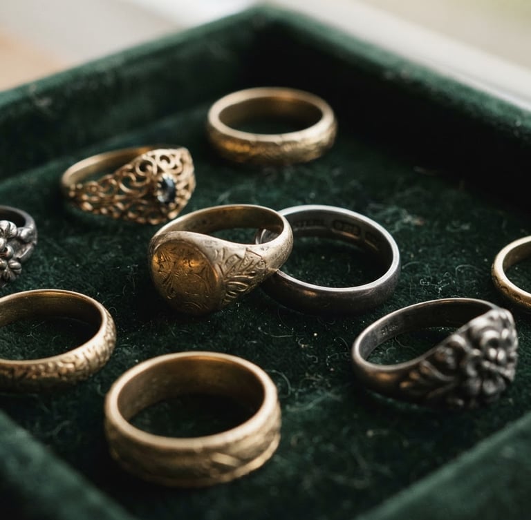 Tactile macro photograph of tarnished vintage gold rings and sterling silver hallmarks on a dark velvet tray, soft fog-filtered daylight