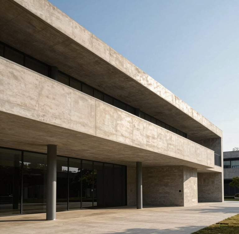 Wide-angle architectural photography of a modern concrete and steel building exterior, sharp natural sunlight, deep shadows, warm sand tones, 35mm