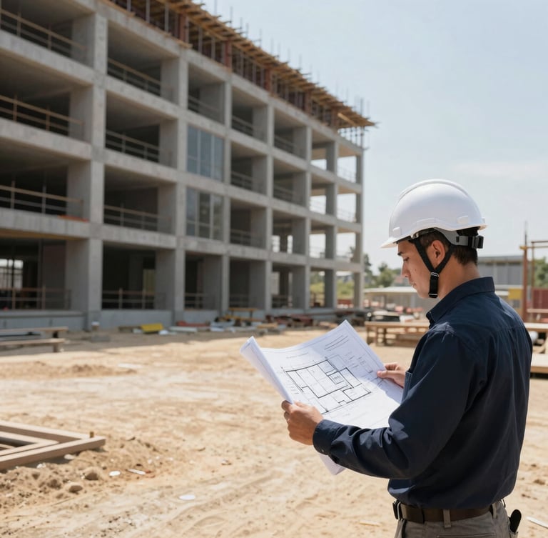 A professional modern engineer in a clean white helmet reviewing architectural blueprints on a high-end construction site, sharp natural light, 35mm