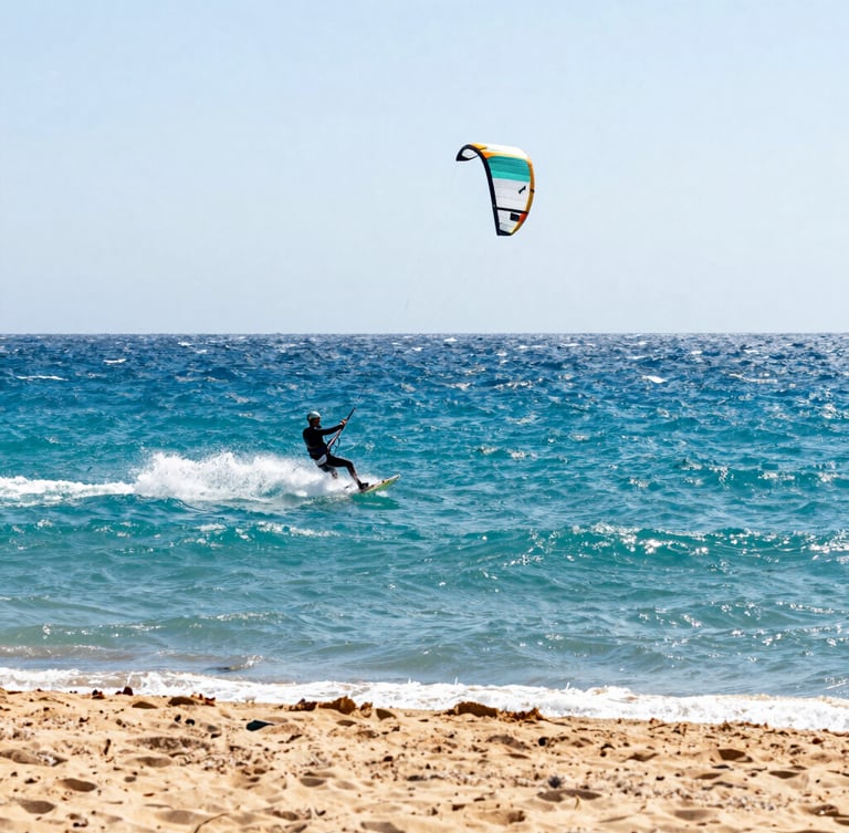 Dynamic low angle of a kiteboarder flying over deep turquoise Red Sea water, harsh coastal sunlight reflecting off spray, 35mm lens