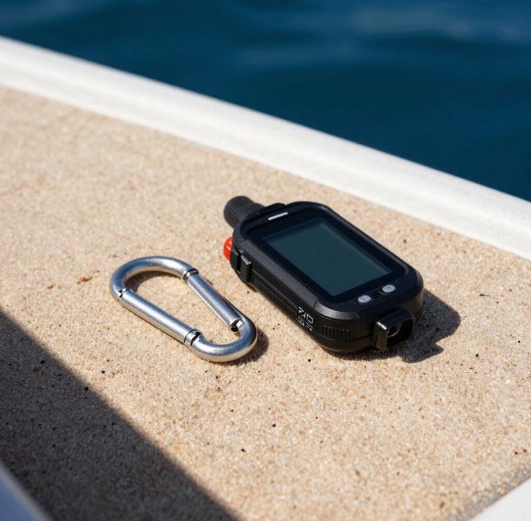Close-up of a technical dive computer and rugged carabiner resting on a sand-crusted boat deck under harsh coastal sunlight.