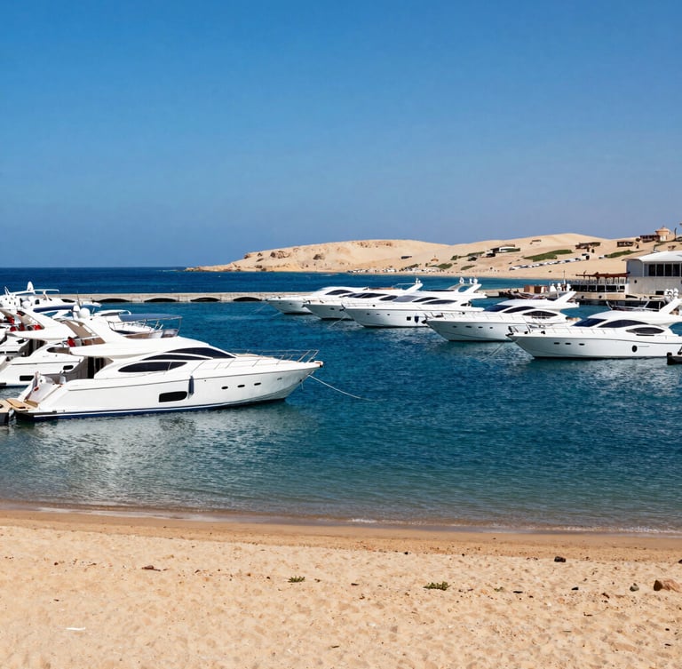 Wide panoramic shot of Hurghada Marina under harsh midday sun, sleek white yachts docked in deep blue Red Sea water, sandy coastline in background.