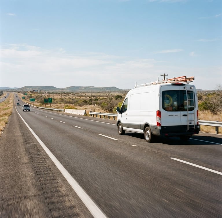 Branded TECHNOLOGY TEAM LLC service vehicle speeding on a Texas highway, bright natural sunlight, wide environmental shot, low horizon.