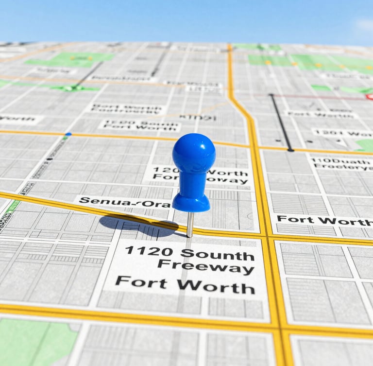 Map of the Fort Worth-Dallas metroplex with a prominent pin at 1120 South Freeway, Fort Worth, showing our headquarters and service area, bright and clear.