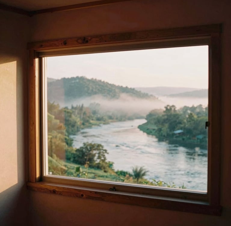 Cozy room interior with natural wooden accents, a window overlooking a misty river and hills, soft morning golden hour light, warm editorial photography, shallow depth of field, 35mm film.
