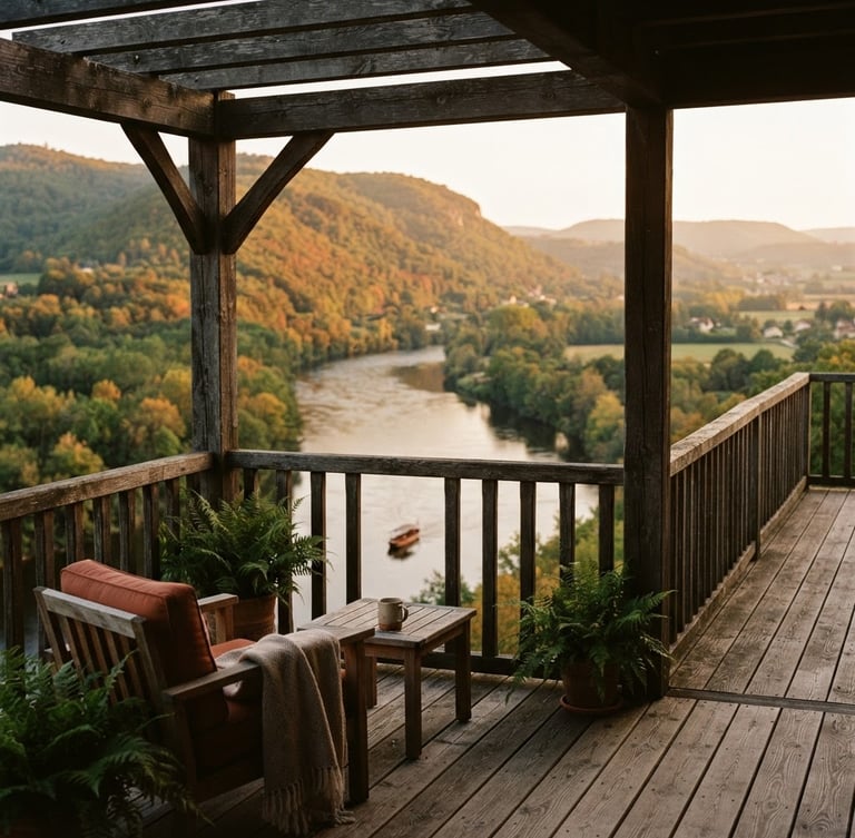 Wide shot of a wooden veranda overlooking a flowing river, forested hills on the opposite bank, soft morning golden hour light, warm editorial photography, terracotta and forest green tones, shallow depth of field, 35mm film.