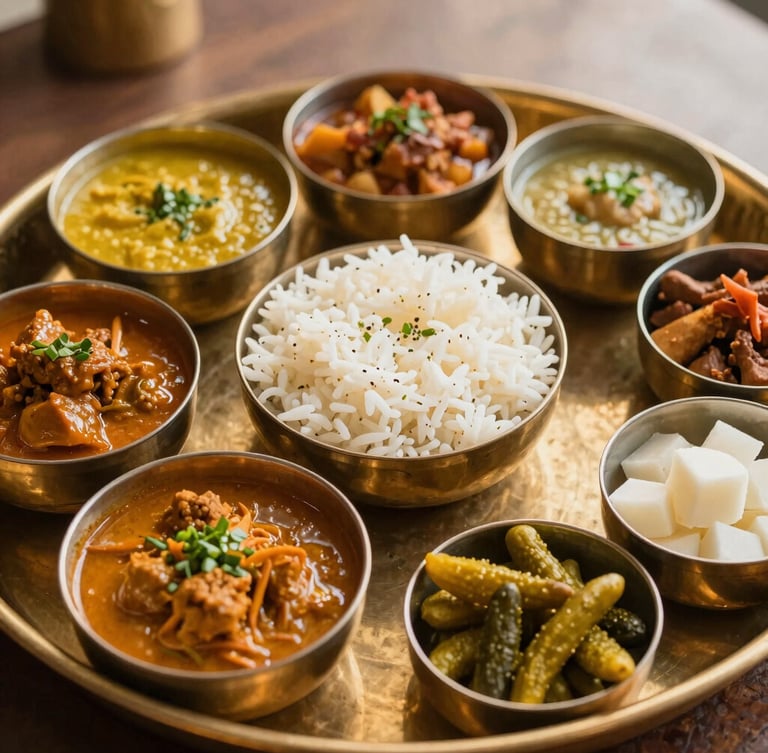 Exquisite Nepali-Newar Thakali meal platter with multiple small bowls of curries, rice, and pickles, served in traditional brassware, close-up, warm golden light