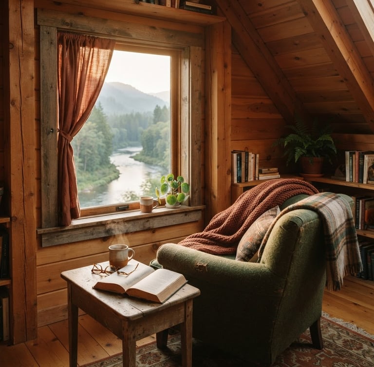 Cozy room interior with natural wooden accents, warm morning light filtering through a window, river view from window, shallow depth of field, 35mm film