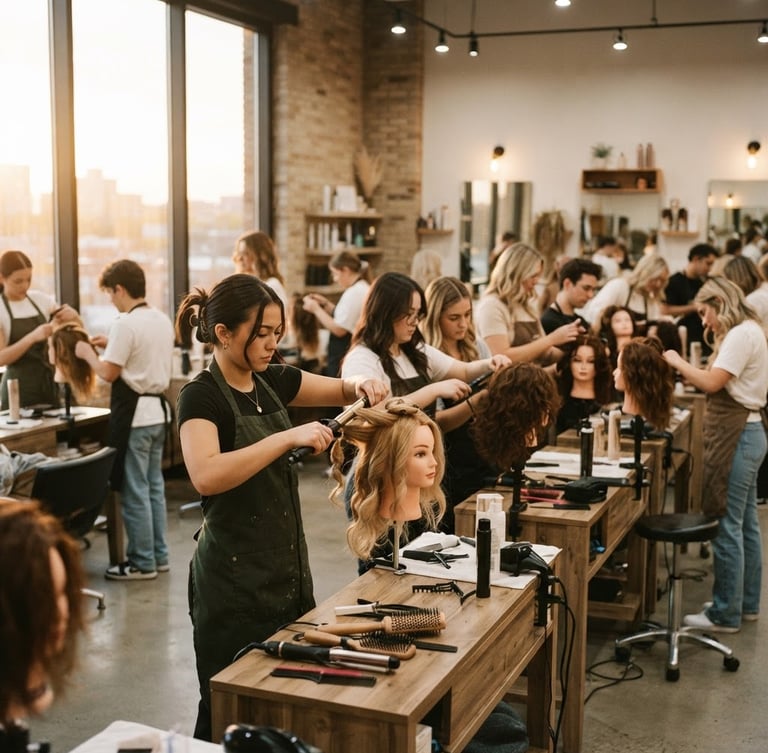 Wide shot of students practicing hair styling techniques on mannequins in a modern, well-lit classroom, warm editorial photography, soft golden-hour window light, ivory and beige tones, shallow depth of field, 35mm