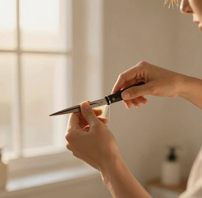 Portrait-oriented image of a stylist's hands meticulously cutting hair, soft golden light, shallow depth of field, beige and ivory tones.