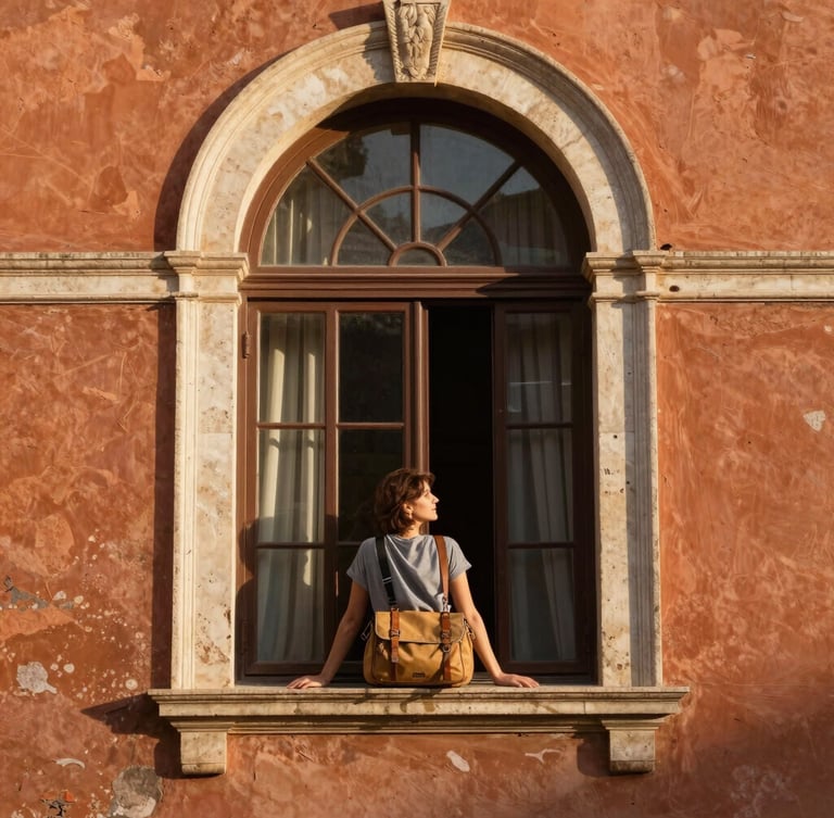 Elegant traveler looking out of a classic arched window in Rome, warm afternoon light casting soft shadows, editorial travel photography, 35mm lens.