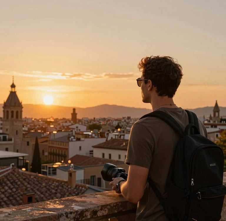 An elegant traveler looking out at the sunset over the historical rooftops of Barcelona, warm golden-hour sunlight, cinematic composition, 35mm lens, rich saturated colors