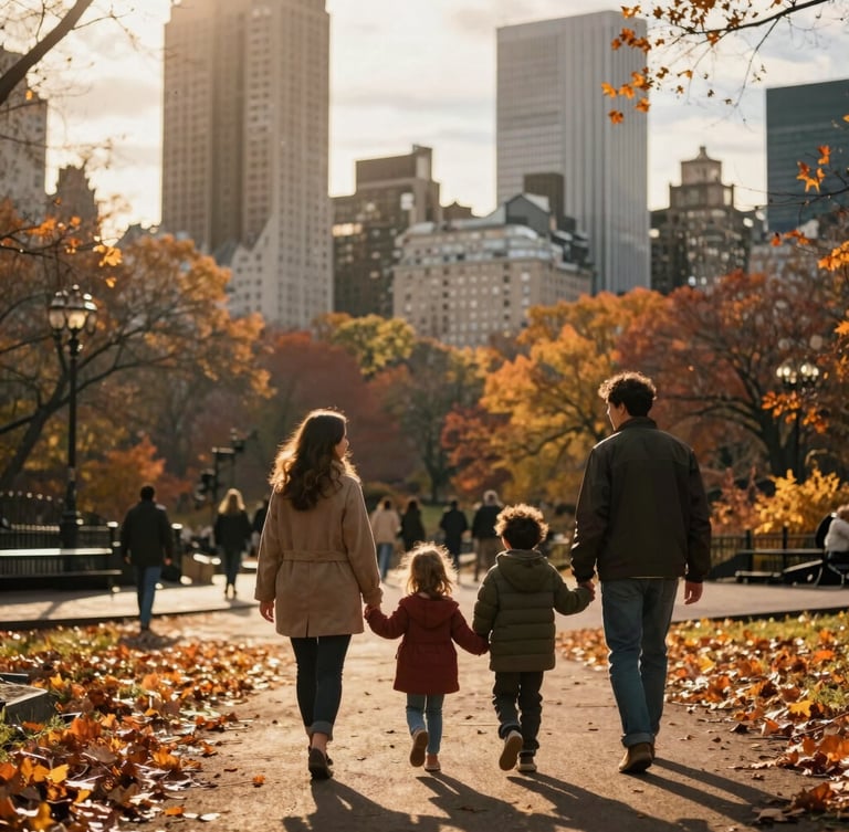 A family walking hand-in-hand through Central Park in New York during golden hour, warm autumn leaves on the ground, skyscrapers softly blurred in the background, cinematic 35mm photography.