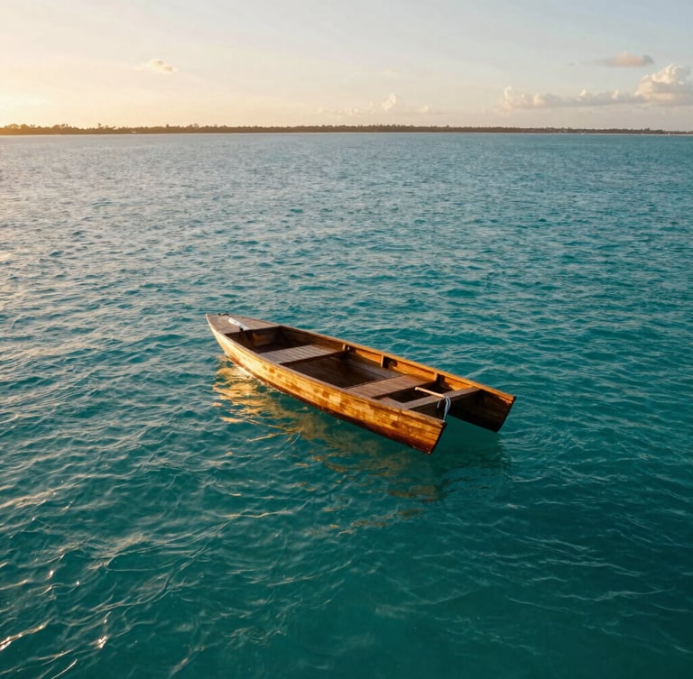 Wide-angle shot of a tranquil turquoise natural pool in João Pessoa, a private wooden catamaran floating gently, warm golden-hour sunlight reflecting on the clear water, low horizon, 35mm lens