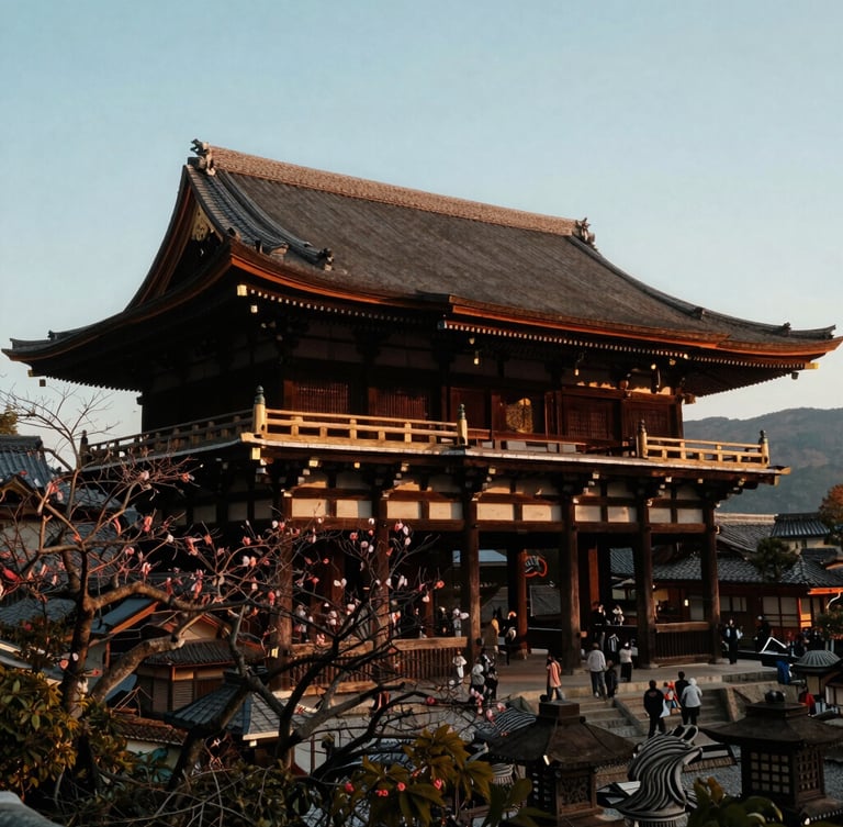Wide-angle editorial travel photography of a traditional Japanese temple in Kyoto during golden hour, soft light, rich colors, cinematic composition
