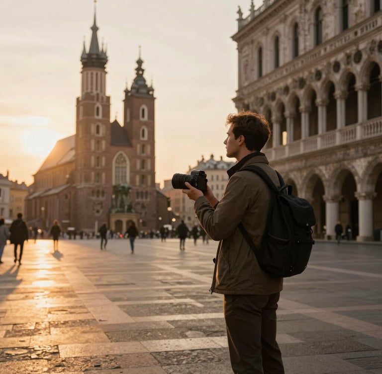 A sophisticated traveler looking at a historic European plaza during golden hour, warm sunlight, cinematic composition, elegant editorial travel photography, 35mm lens