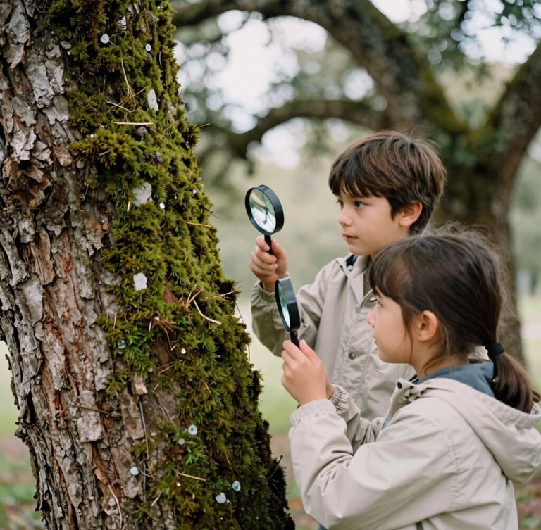 Two children in light jackets examining moss on a large live oak tree trunk, holding magnifying glasses, soft natural daylight, warm editorial 35mm style