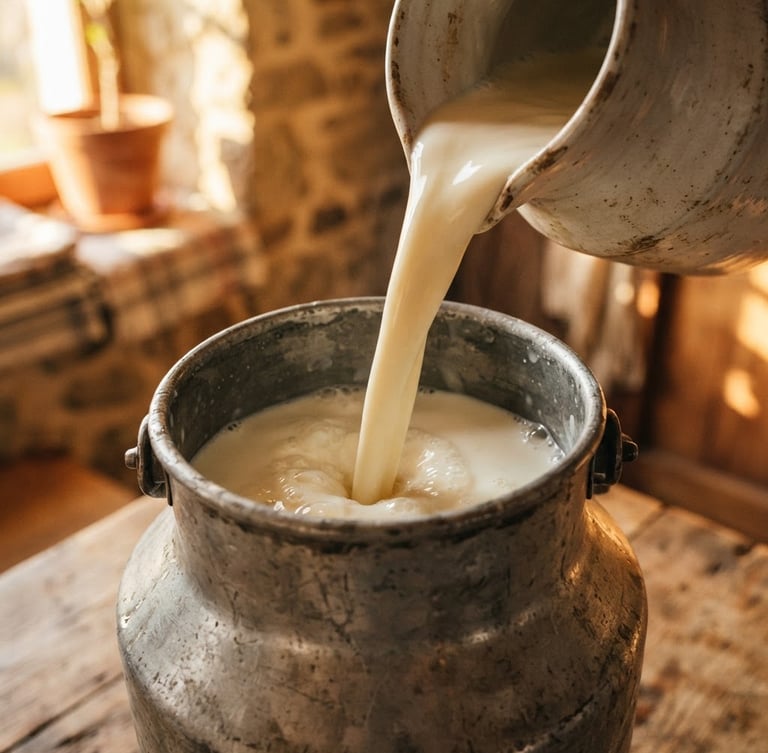 Tactile close-up of thick raw milk pouring into a traditional steel milk can, warm early morning golden-hour light, soft side shadows, rich cream tones