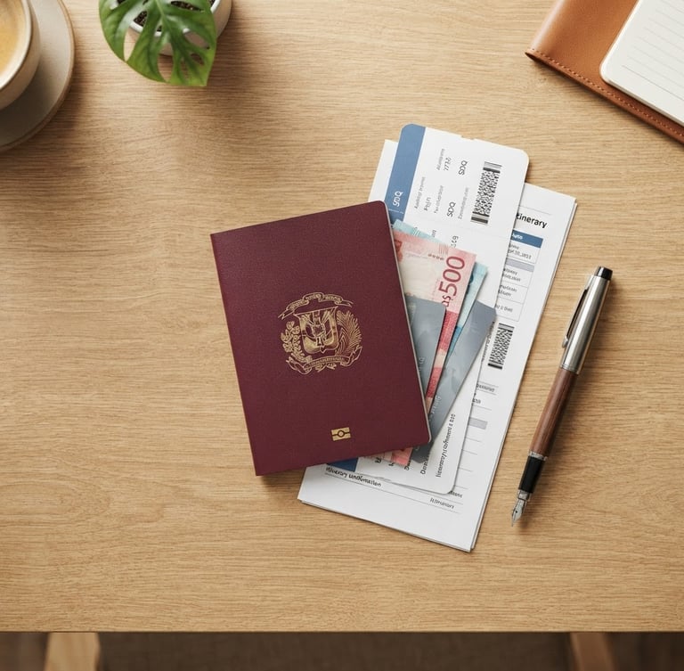 Overhead flatlay of organized Dominican passport, travel documents, and a pen on a warm sand colored desk, bright natural daylight, professional