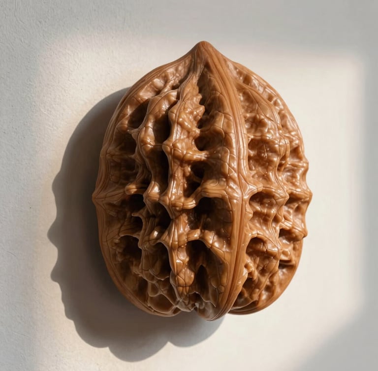 Close-up of a massive textured walnut wood art installation integrated into a minimalist white plaster wall, warm low-angle natural mountain light casting soft shadows, architectural scale.