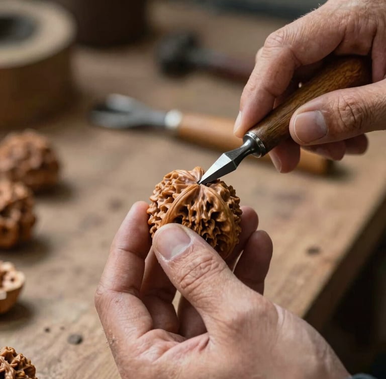 Close-up of artisan hands carefully detailing a raw walnut joint with traditional hand tools, soft shadows, workshop environment.