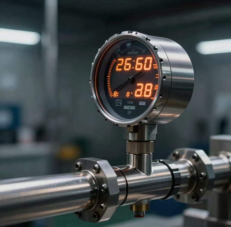 Side view of a high-precision flow meter mounted on a stainless steel pipe, digital display glowing with technical orange data, dark industrial background with dramatic directional lighting.