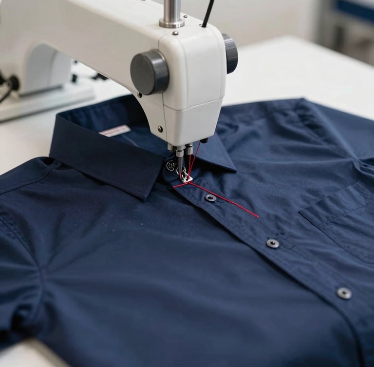 Close-up of automated embroidery machine stitching red thread onto a navy blue corporate shirt in a bright UAE facility.