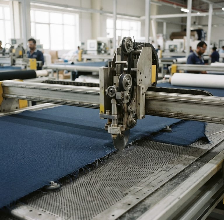 Sharp industrial photography of high-speed cutting machines slicing technical fabrics in a bright, modern Ajman production facility, natural daylight, 35mm