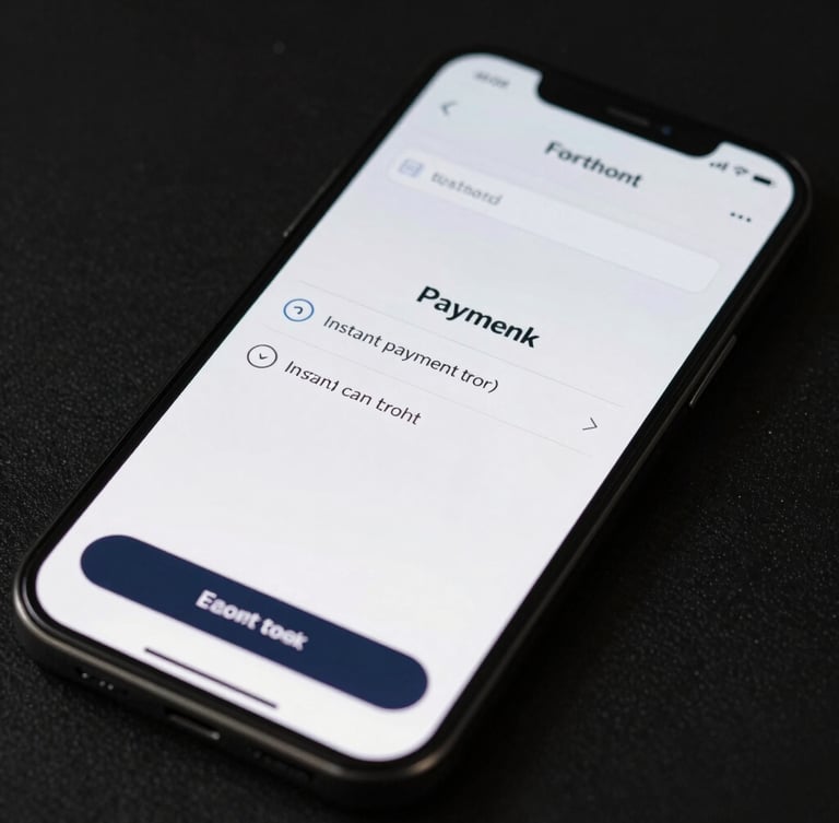 Close-up of an e-commerce checkout interface on a mobile screen, ultra-clean layout, showing instant payment confirmation, high-contrast dark background.