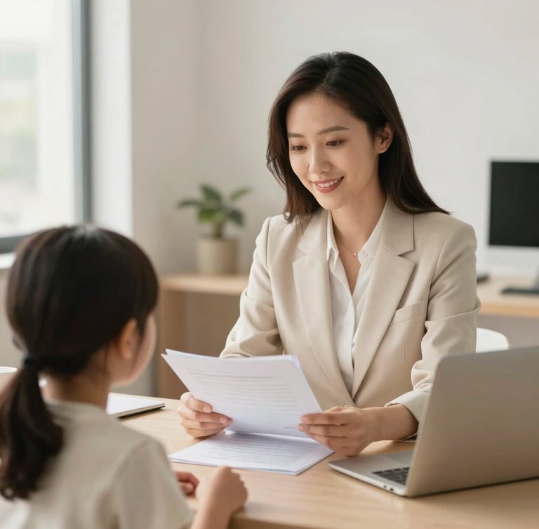 A reassuring coordinator in a warm cream-toned office reviewing documents with a family, soft natural light, professional and comforting atmosphere, 35mm lens