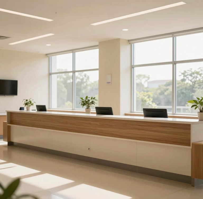 A wide environmental shot of a clean, modern hospital reception in India, soft daylight streaming through large windows, warm cream tones.