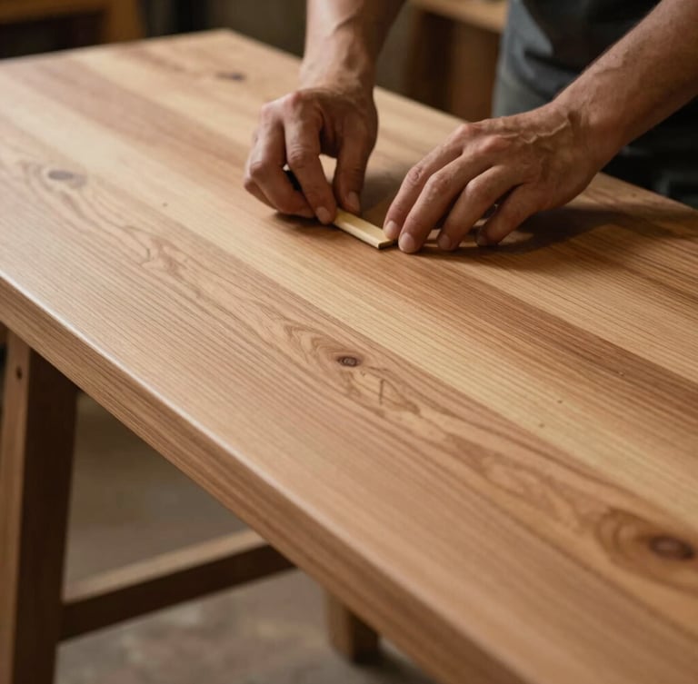 Close-up of a woodworker finishing a solid oak tabletop with natural oil, warm industrial workshop setting, side lighting, focus on hands and wood grain