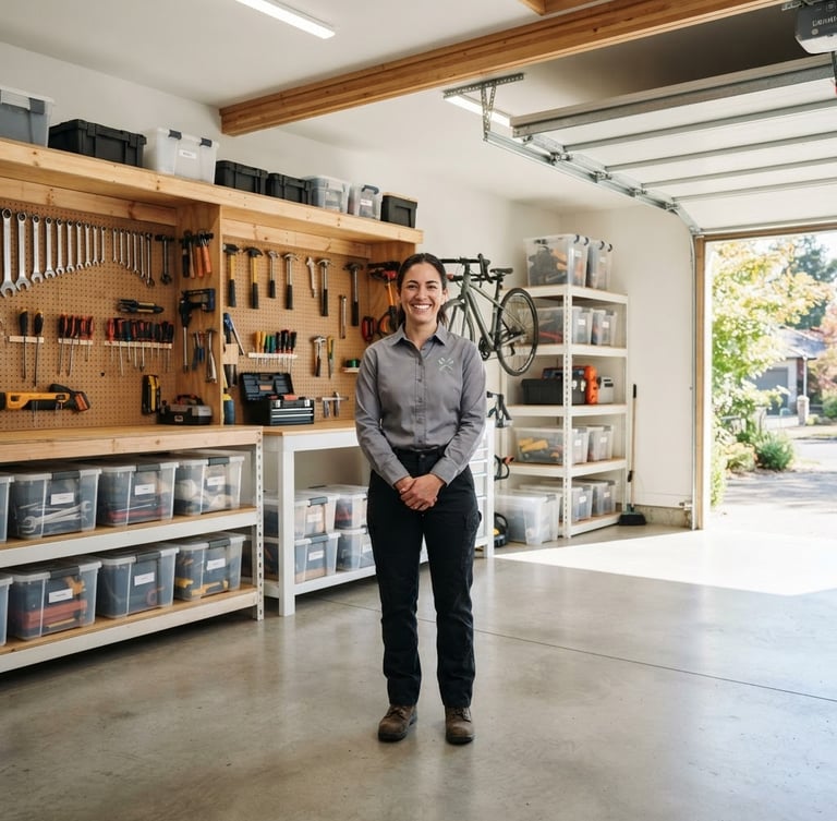 Wide shot of a professional team member in a clean uniform, smiling, standing in a brightly lit, newly organized garage with tools neatly hung and storage bins stacked, natural daylight streaming in from an open garage door, crisp details, warm minimal aesthetic, 35mm lens