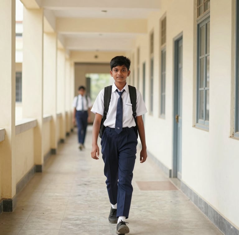 Bright editorial photography of a clean Indian school corridor, natural daylight, a student in a neat navy and white uniform walking with a backpack, 35mm lens