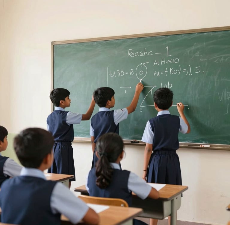 Indian school children in clean navy uniforms working with a digital smartboard in a bright, modern classroom, warm natural light