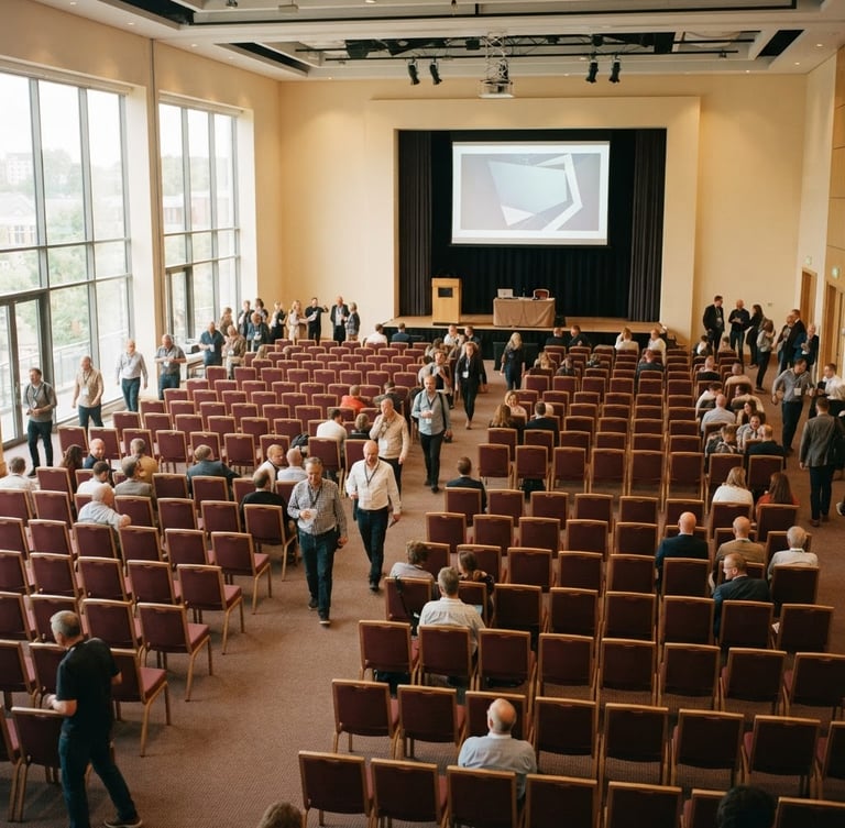 Wide shot of a brightly lit conference hall with neat rows of chairs and a projector screen, natural daylight from side windows, warm cream walls, 35mm photography.
