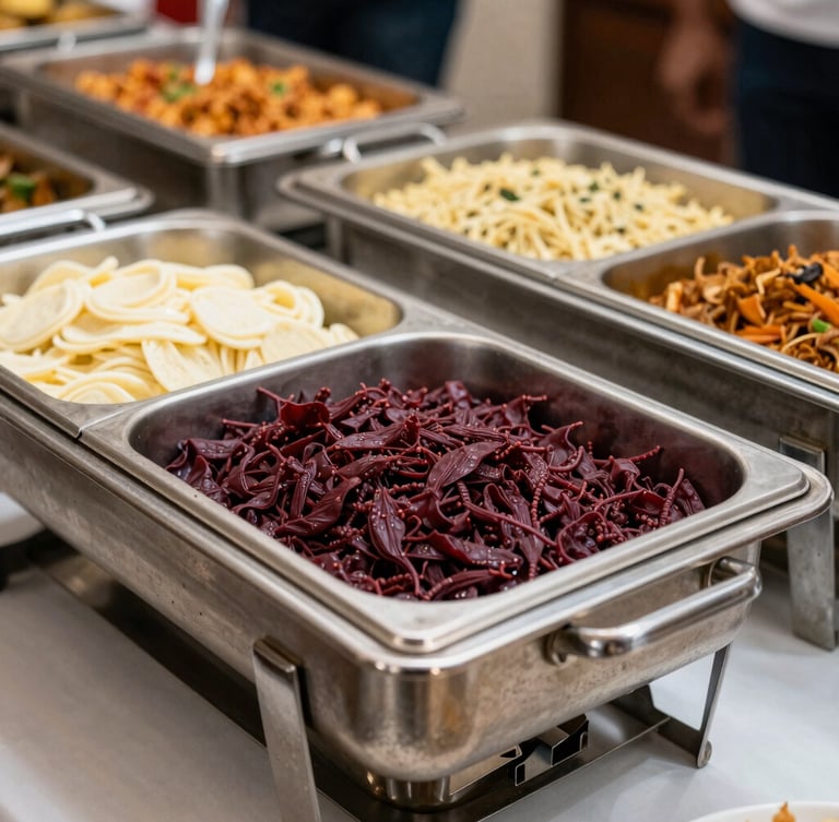 Close-up of a buffet table featuring fresh North Indian dishes in stainless steel chafing dishes, warm inviting lighting, active but unpretentious.