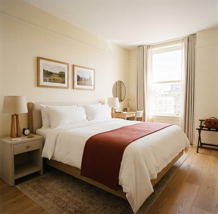 Wide shot of a clean, bright hotel room with a neatly made bed, natural daylight, warm maroon runner, straightforward framing