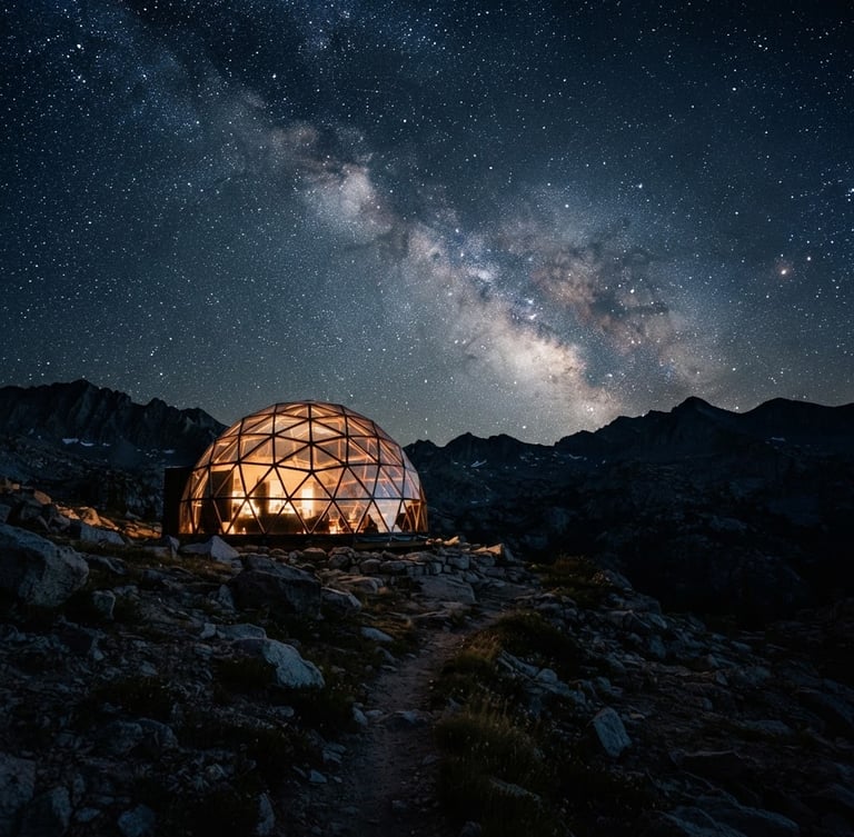 Long-exposure 35mm night photography of a geodesic dome glowing softly from within under a brilliant Milky Way, deep indigo and obsidian tones, sharp astronomical details.