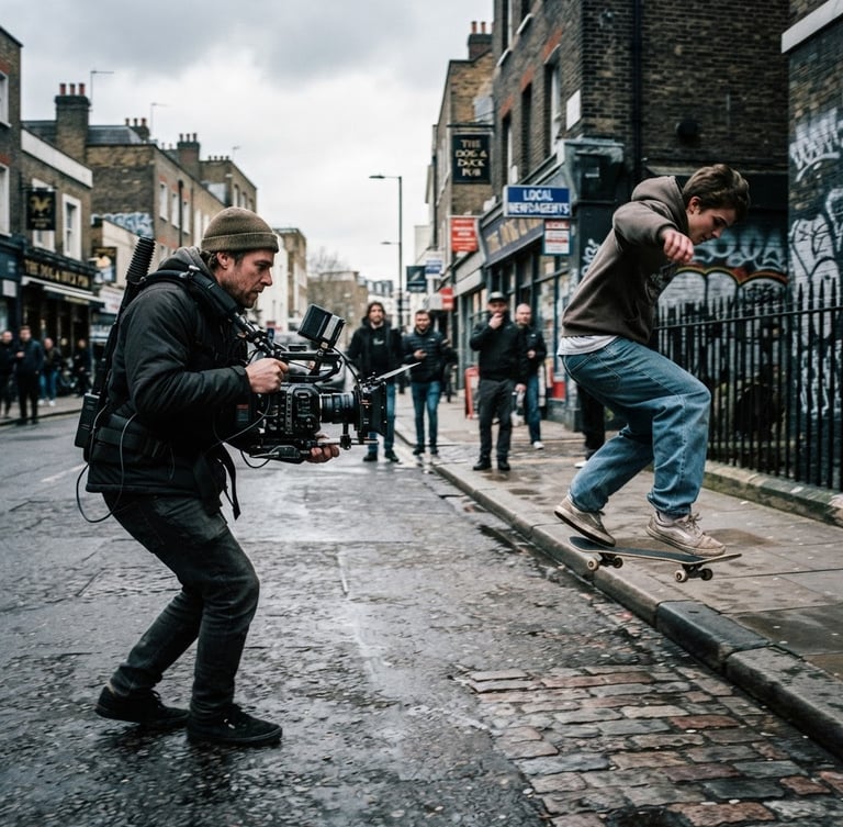 Gritty 35mm film grain photo of a handheld camera rig filming a fast-moving skater on a London street under overcast sky, high contrast, raw underground editorial style.