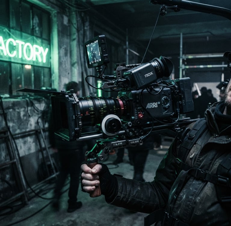 Gritty editorial close-up of a high-end cinema camera rig on a shoulder mount, harsh neon green reflections, dark London warehouse setting, 35mm film grain.