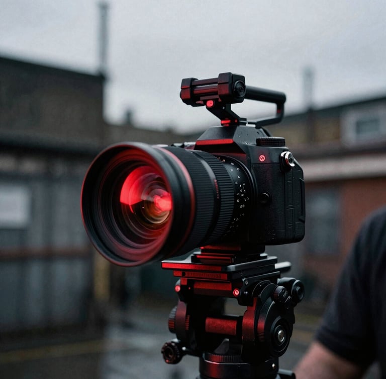 Close-up of a high-end camera rig on a shoulder mount, harsh red neon light reflecting off the lens glass, dark gritty industrial studio background.
