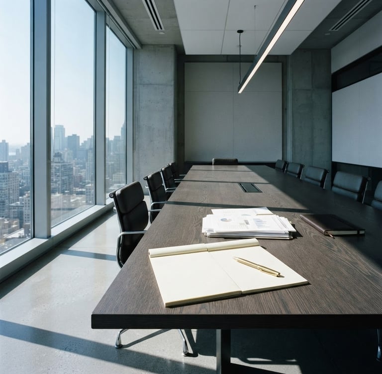 Wide shot of a modern, minimalist boardroom table with structured documents, sharp architectural lighting, cool-toned daylight, a single brass pen on a legal pad, 35mm lens.