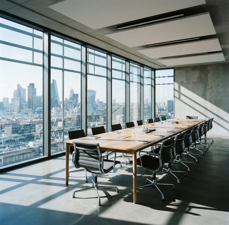 Wide shot of a modern, minimalist boardroom with a large conference table, natural light streaming through tall windows, and sharp architectural shadows, cool-toned daylight