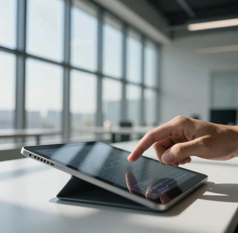 Close-up of a hand analyzing data on a tablet, architectural interior background, sharp window shadows, cool-toned daylight, high-contrast