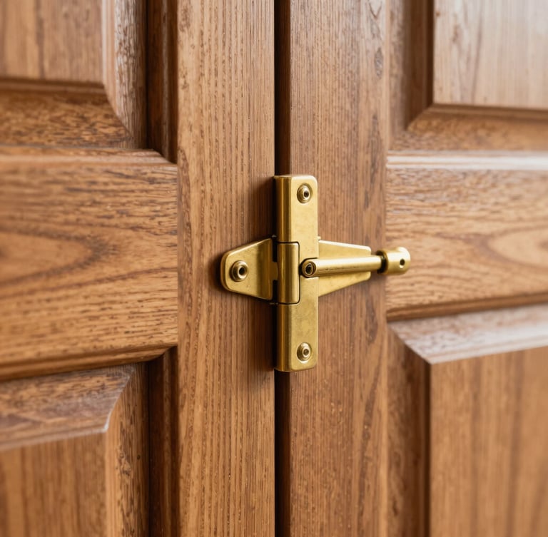 Macro detail shot of a pristine custom timber garage door joint, showcasing the rich wood grain and a solid brass technical hinge.