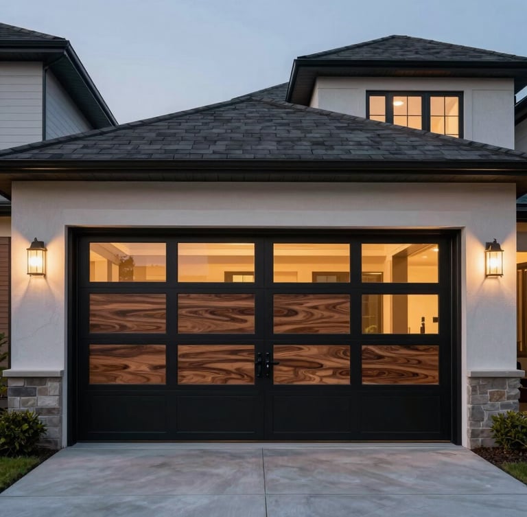 Straight-on architectural wide shot of a modern Bloomfield Hills estate at dusk, featuring a custom walnut and black steel garage door reflecting warm interior light.