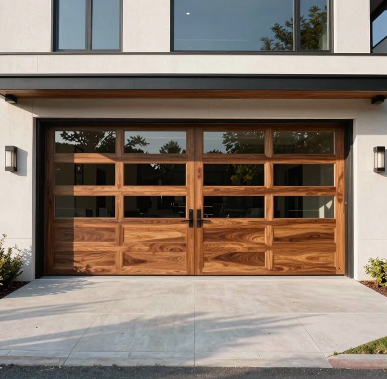 Straight-on architectural wide shot of a modern luxury estate in Bloomfield Hills, featuring a custom cedar wood and glass garage door integrated seamlessly into the facade, bright morning light, crisp shadows.